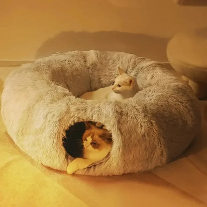 Fluffy Donut Pet Bed with Tunnel