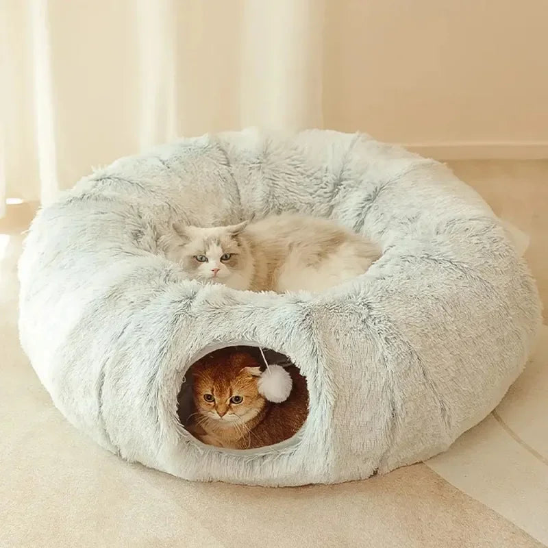 Fluffy Donut Pet Bed with Tunnel