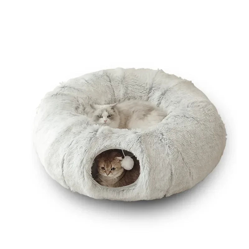 Fluffy Donut Pet Bed with Tunnel